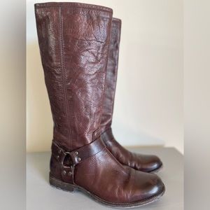 FRYE PHILLIP HARNESS LEATHER KNEE BOOT, SZ US 9, DARK BROWN, EUC